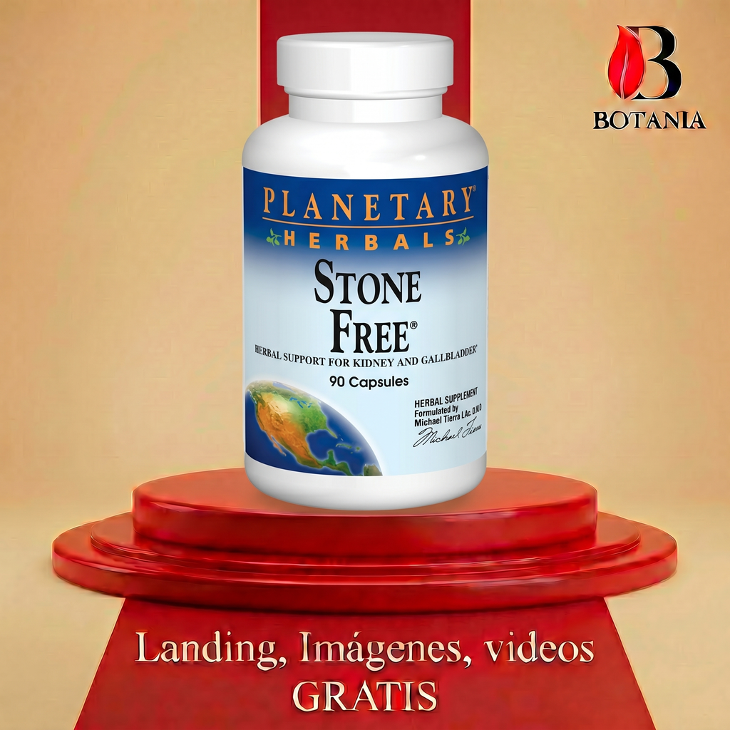 Frasco de Stone Free Planetary Herbals, presentación de 90 cápsulas