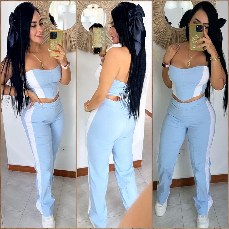Conjunto femenino a rayas con corset ajustable