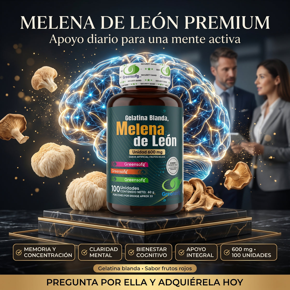 Presentación de las gomitas de Melena de León Greensofg con registro INVIMA
